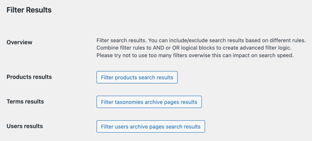 'Filter Results' option