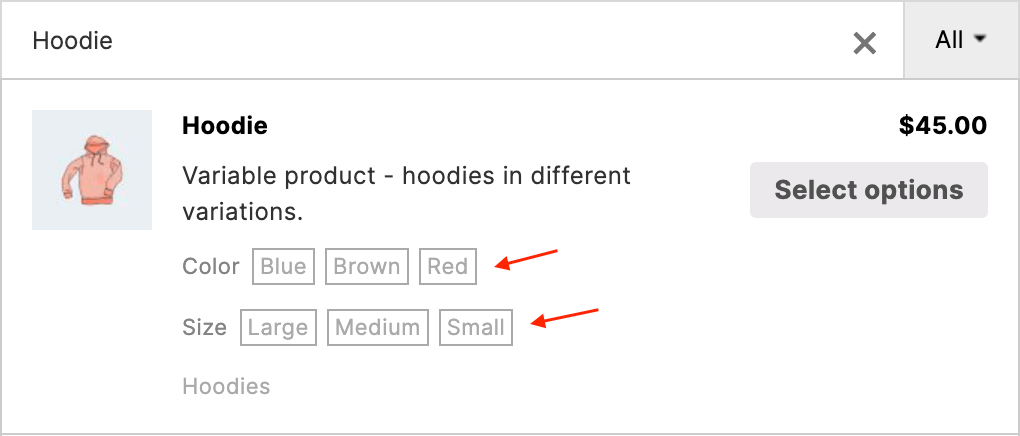 Variable products in search results