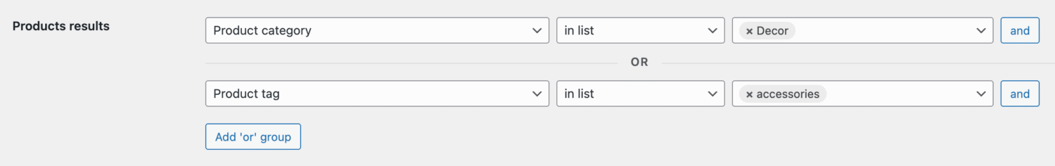 Products search results filter rules with several OR groups