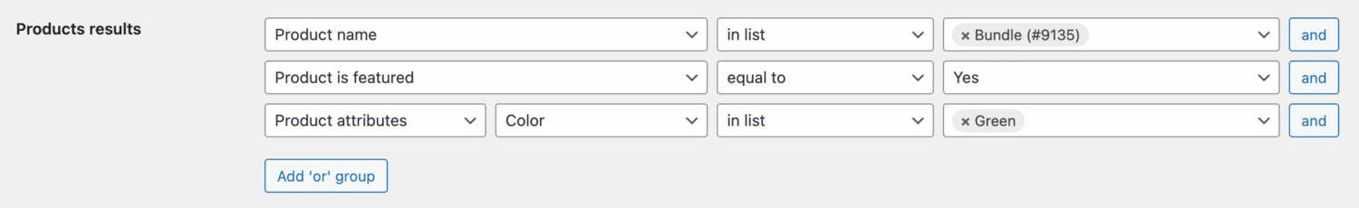 Example of filters for products search results