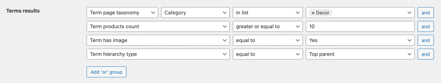 Example of filters for terms archive pages search results