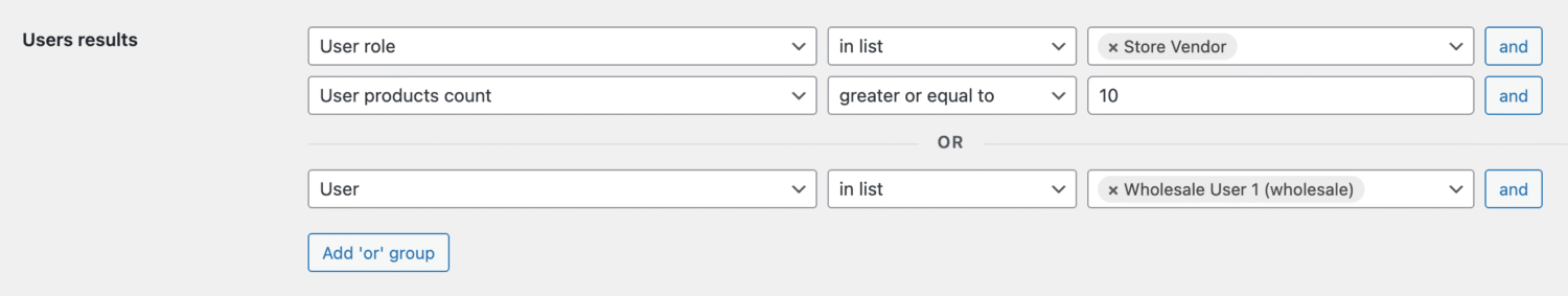 Example of filters for users search results