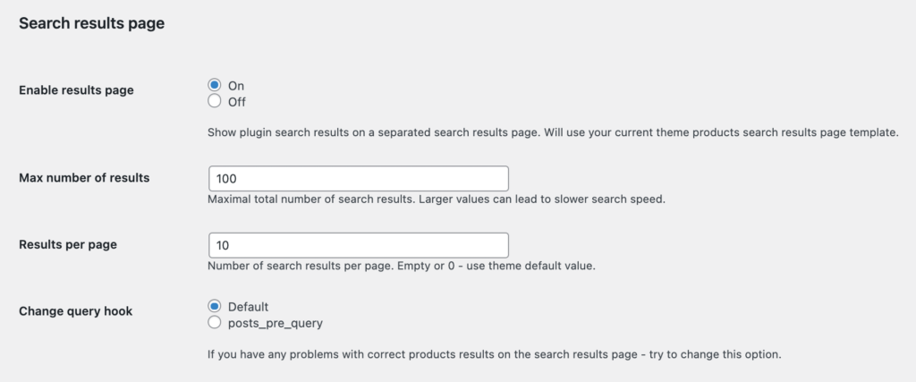 Search results page options