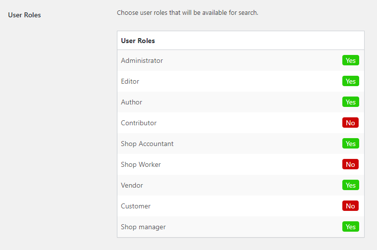 All user roles that are available for searching.