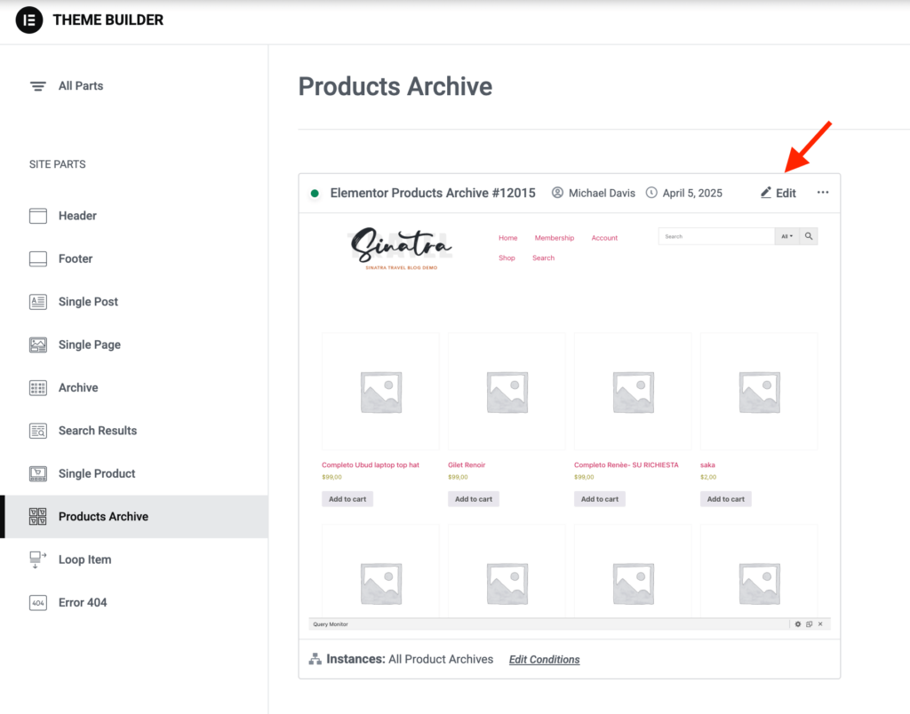 Elementor page template for product archives