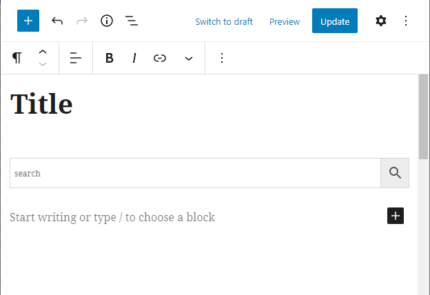 Plugin search form block on editor page