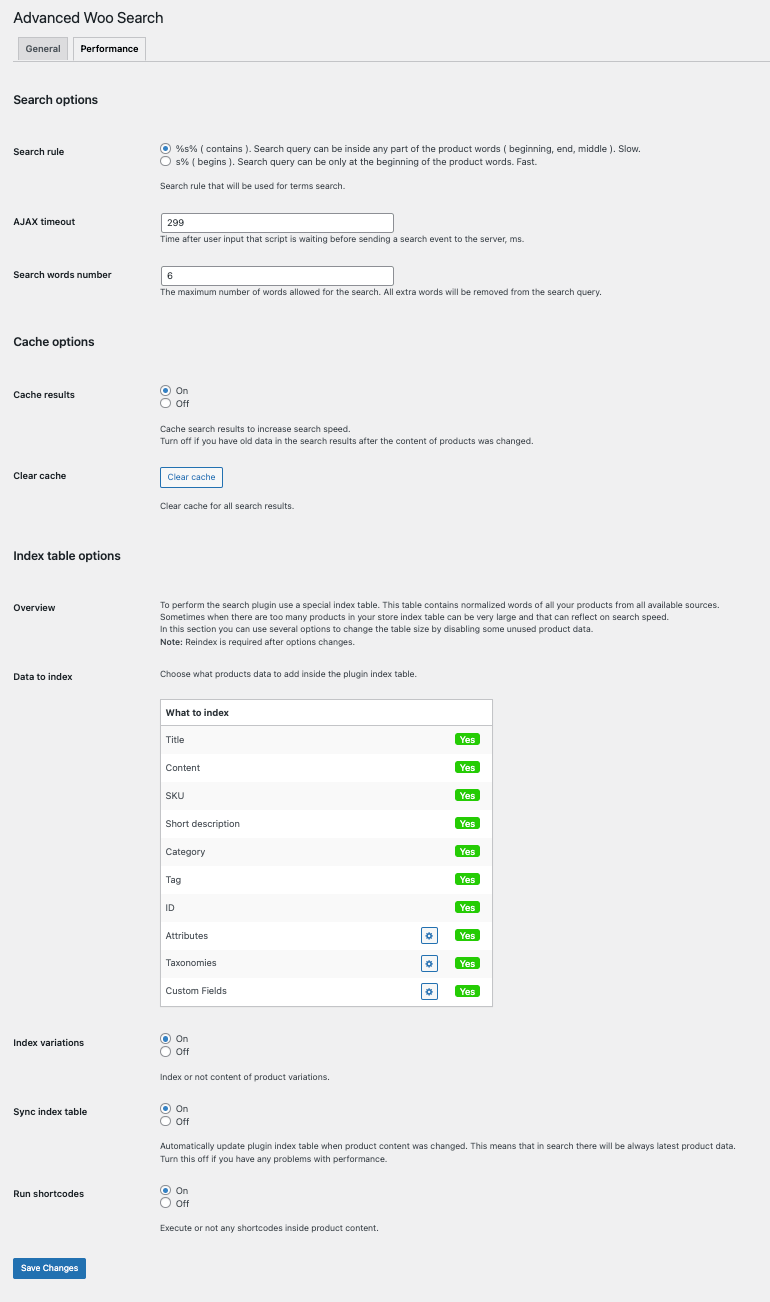 Performance settings page