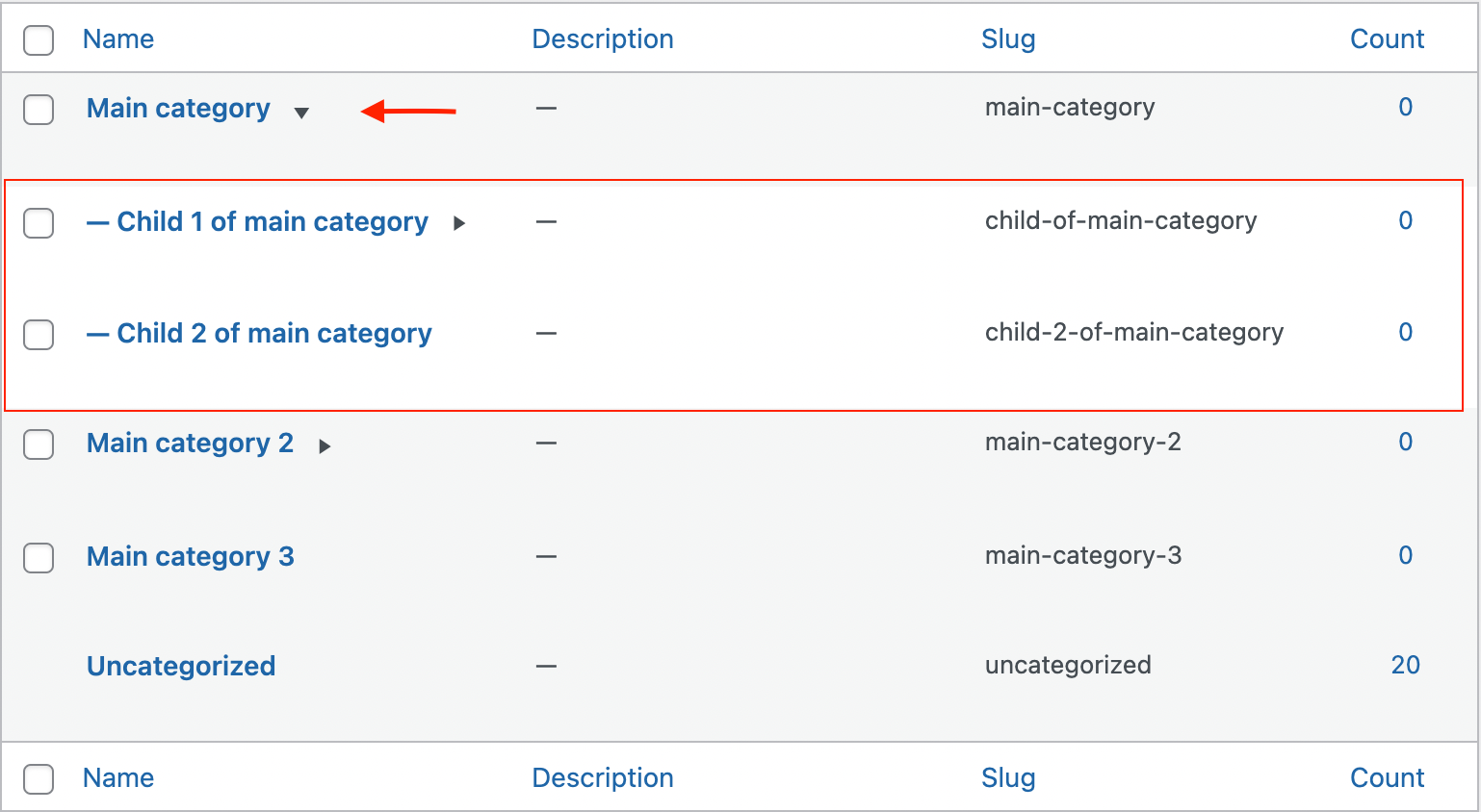 Showing child terms