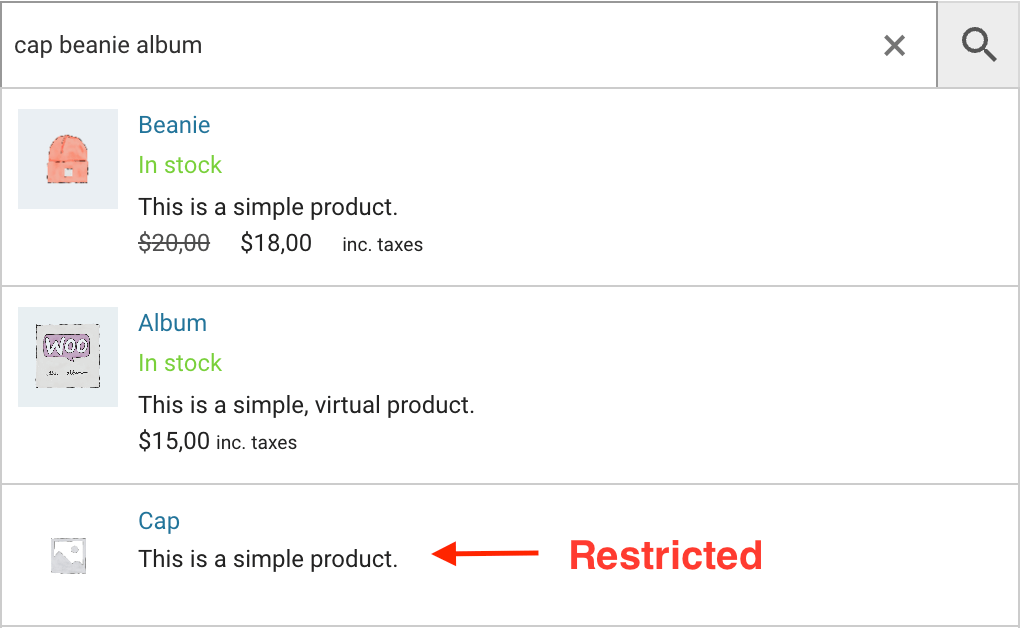 Restricted product inside search results