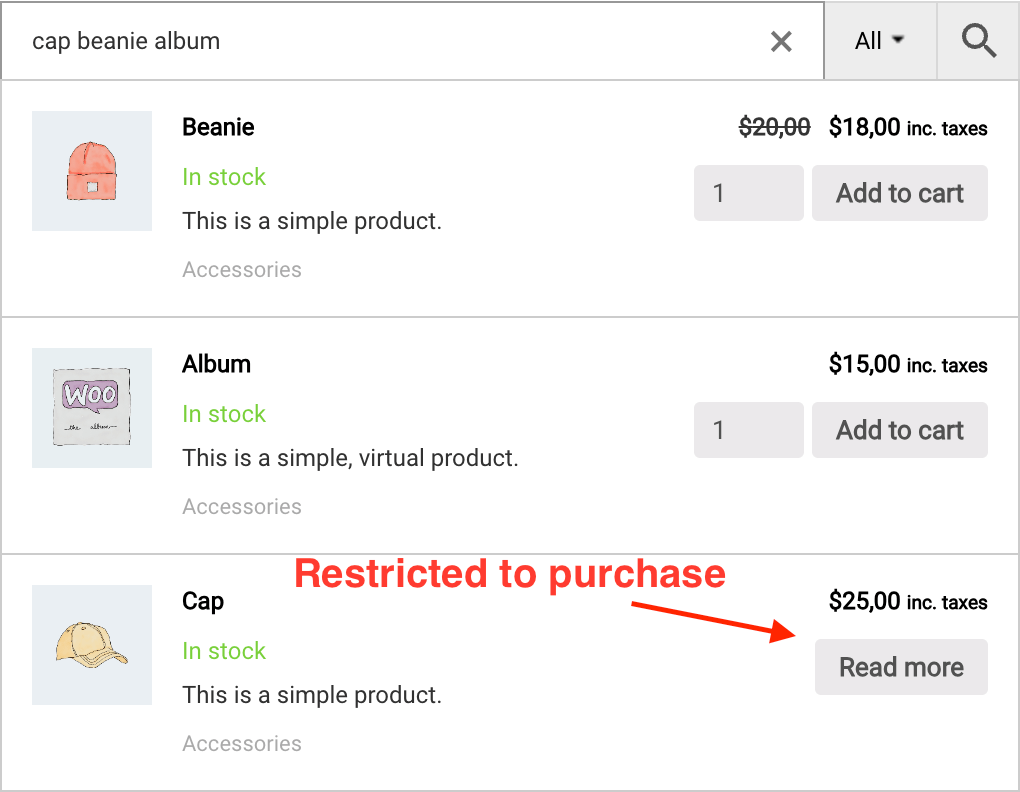 Search results with products that are restricted to purchase 