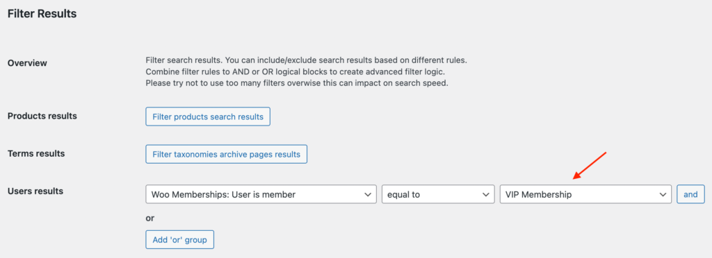 Search results filter based on user membership plan