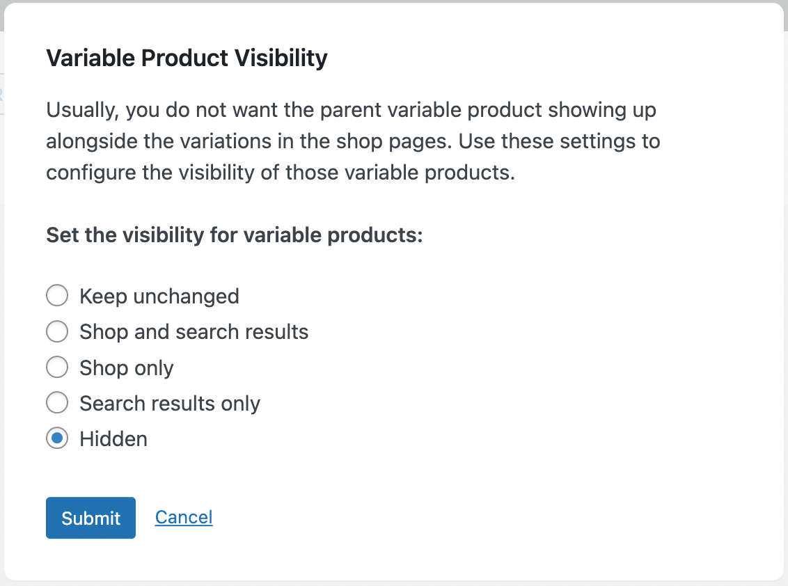 Bulk change variable products visibility options