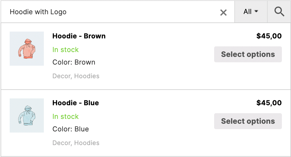 Product variations inside search results list