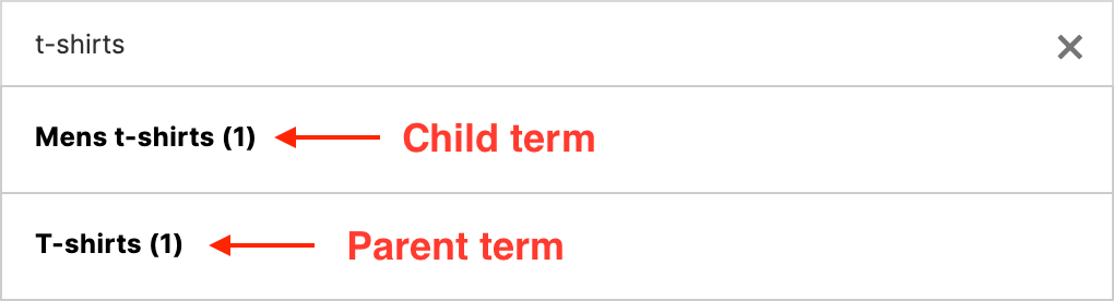 Product categories search results with parent and child terms