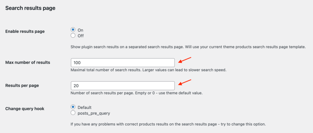 Search results page options