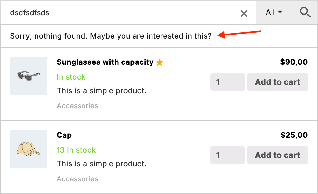 Search returns no results - show some custom products instead