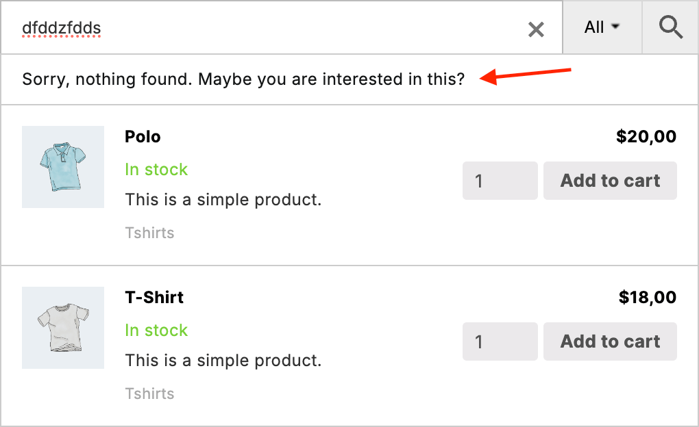 Show specific products if there are no search results