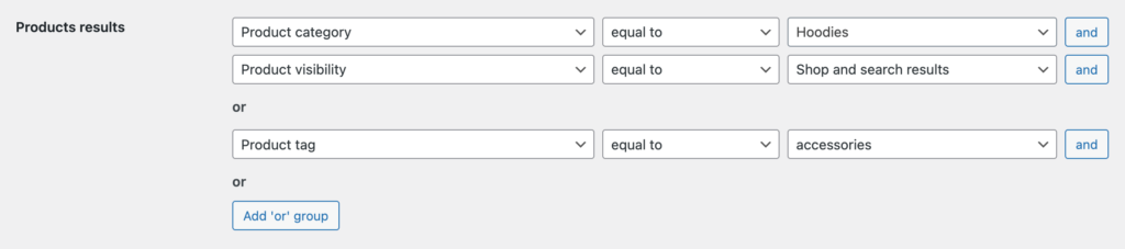 Filtering parameters for product results