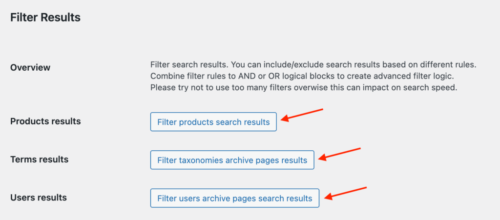 Filters for different search result types