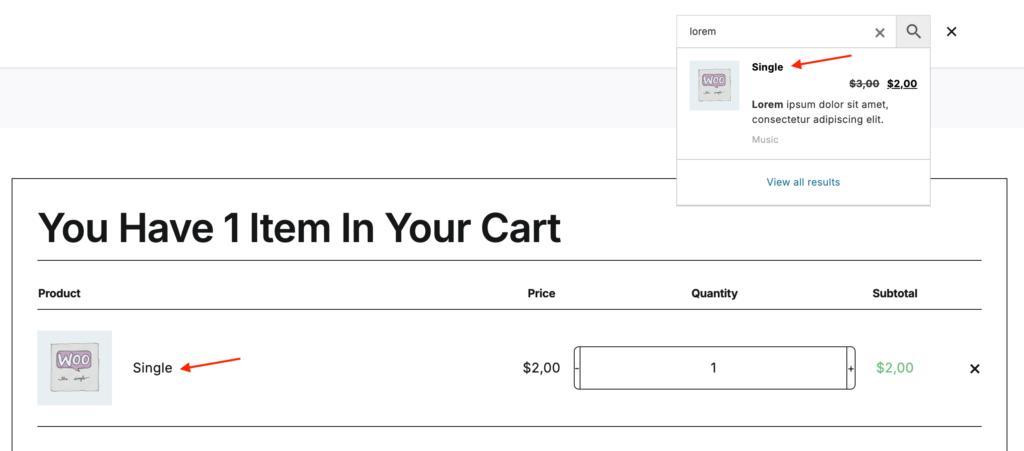 Search results limited to products in the user's cart