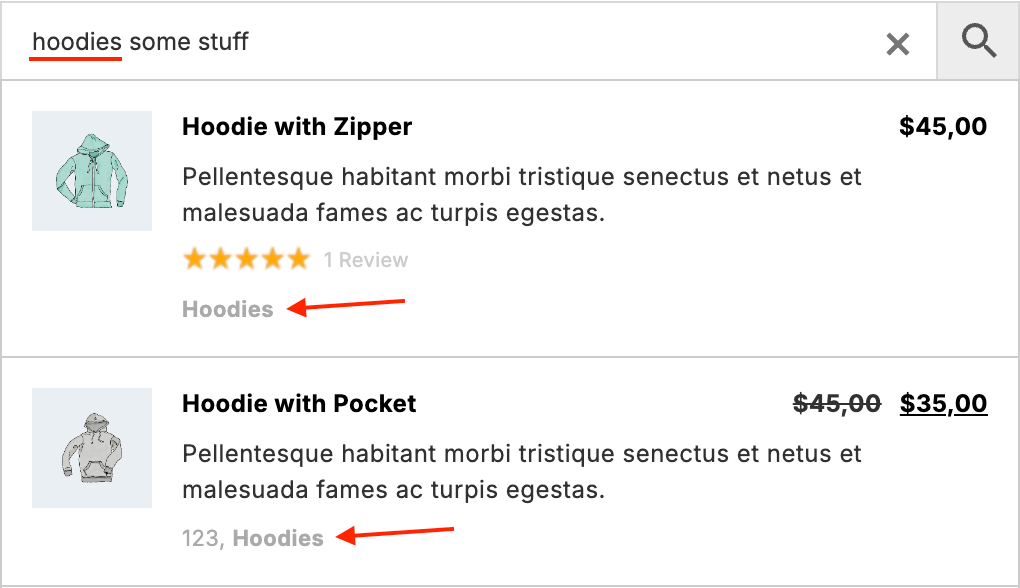 Show only products from the Hoodies category if the search query contains the word 'Hoodie'