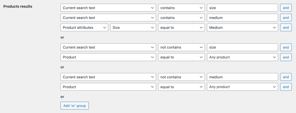 Filtering rules for the words 'size medium'