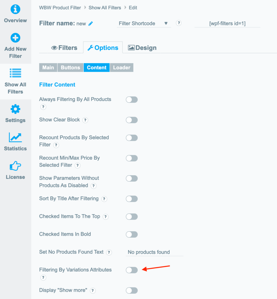 Filtering By Variations Attributes option