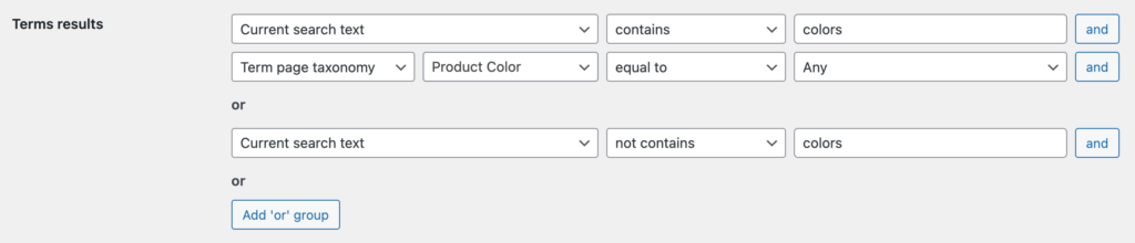 Filtering rules for the word 'Colors' inside a search query