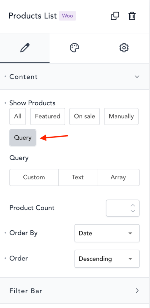 Products List block options