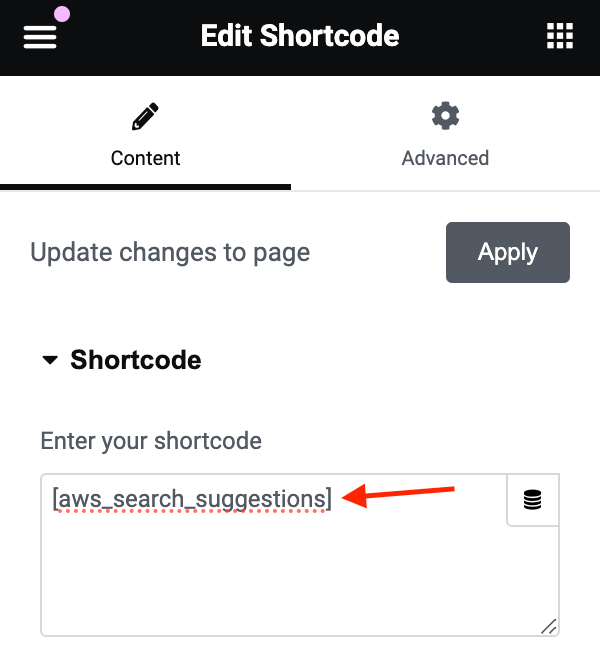 Adding suggestions shortcode via Elementor page builder