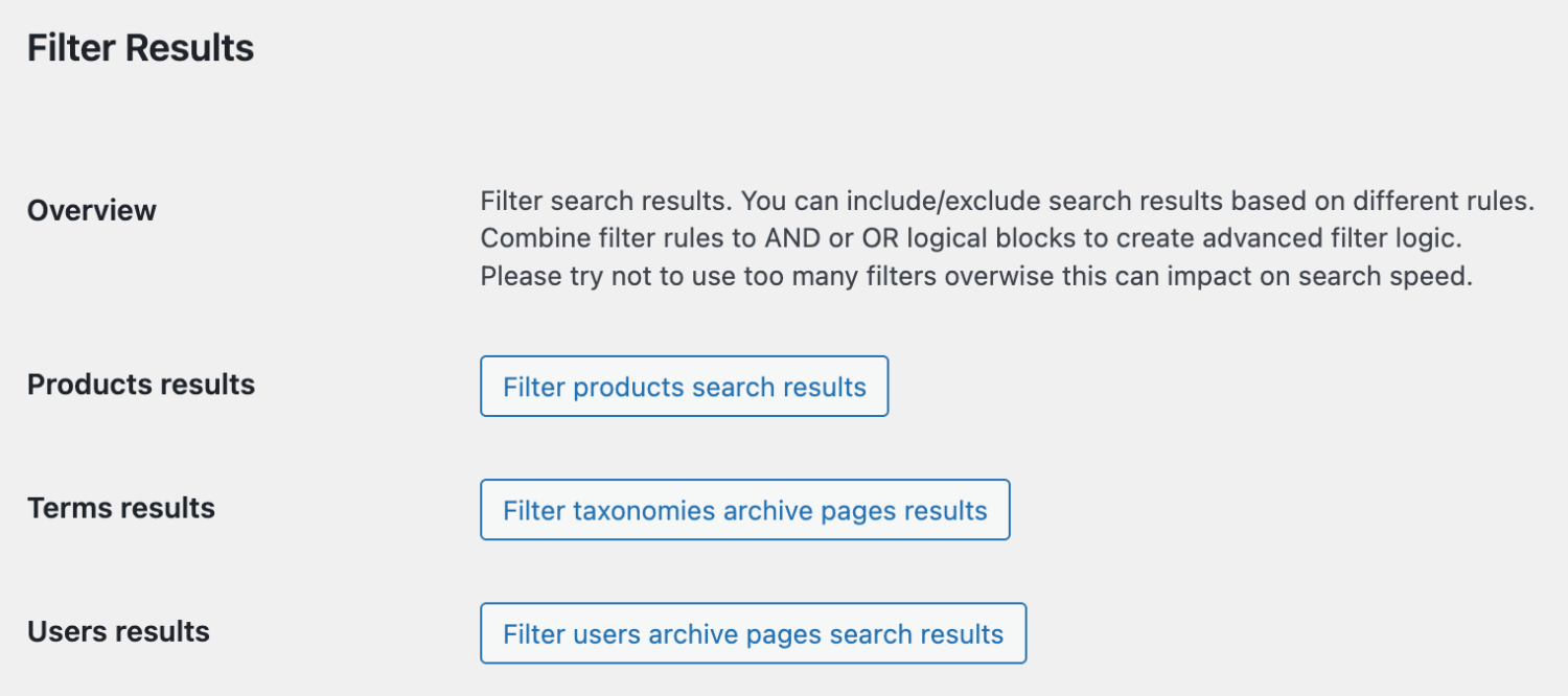 Filter Results section