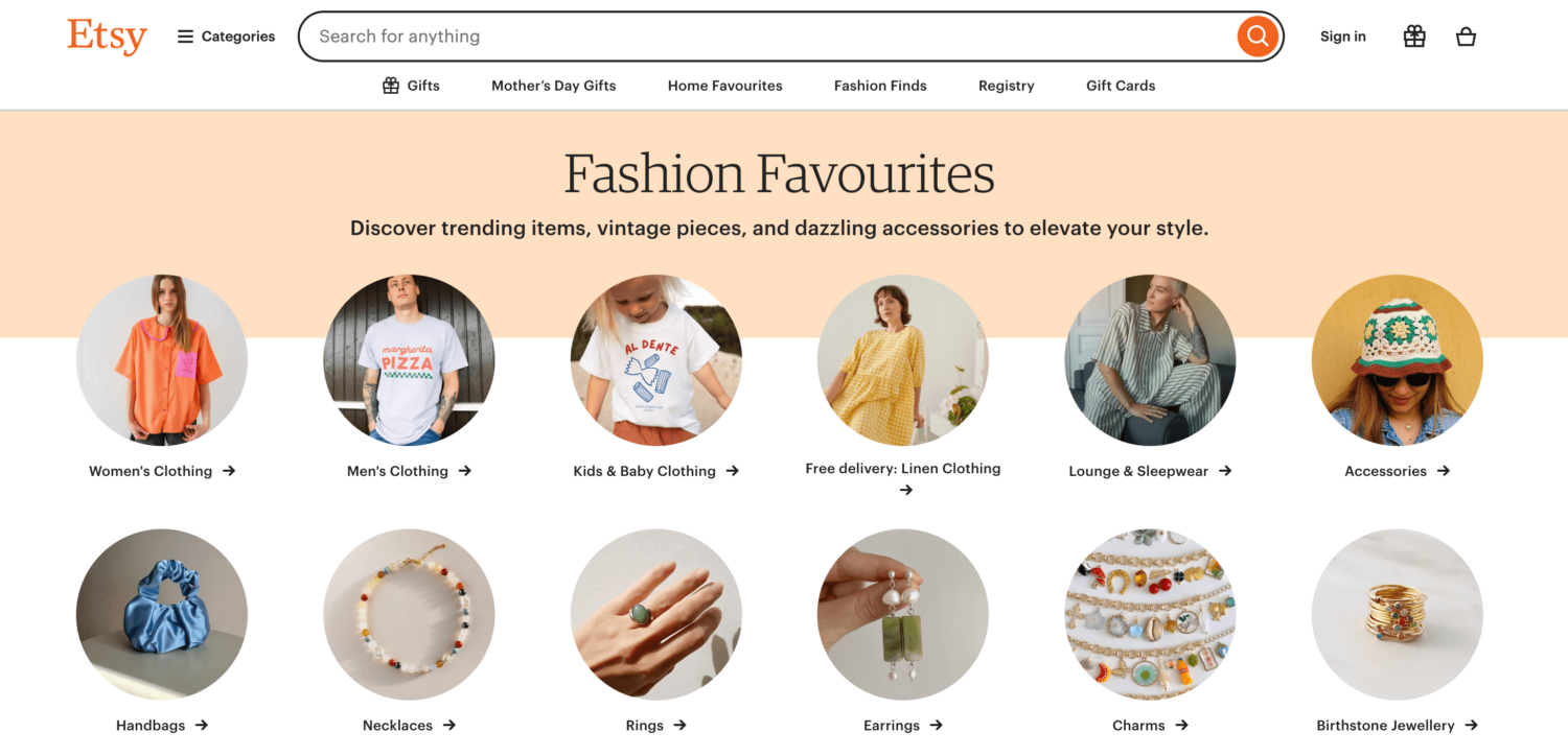 Marketplace site example - Etsy