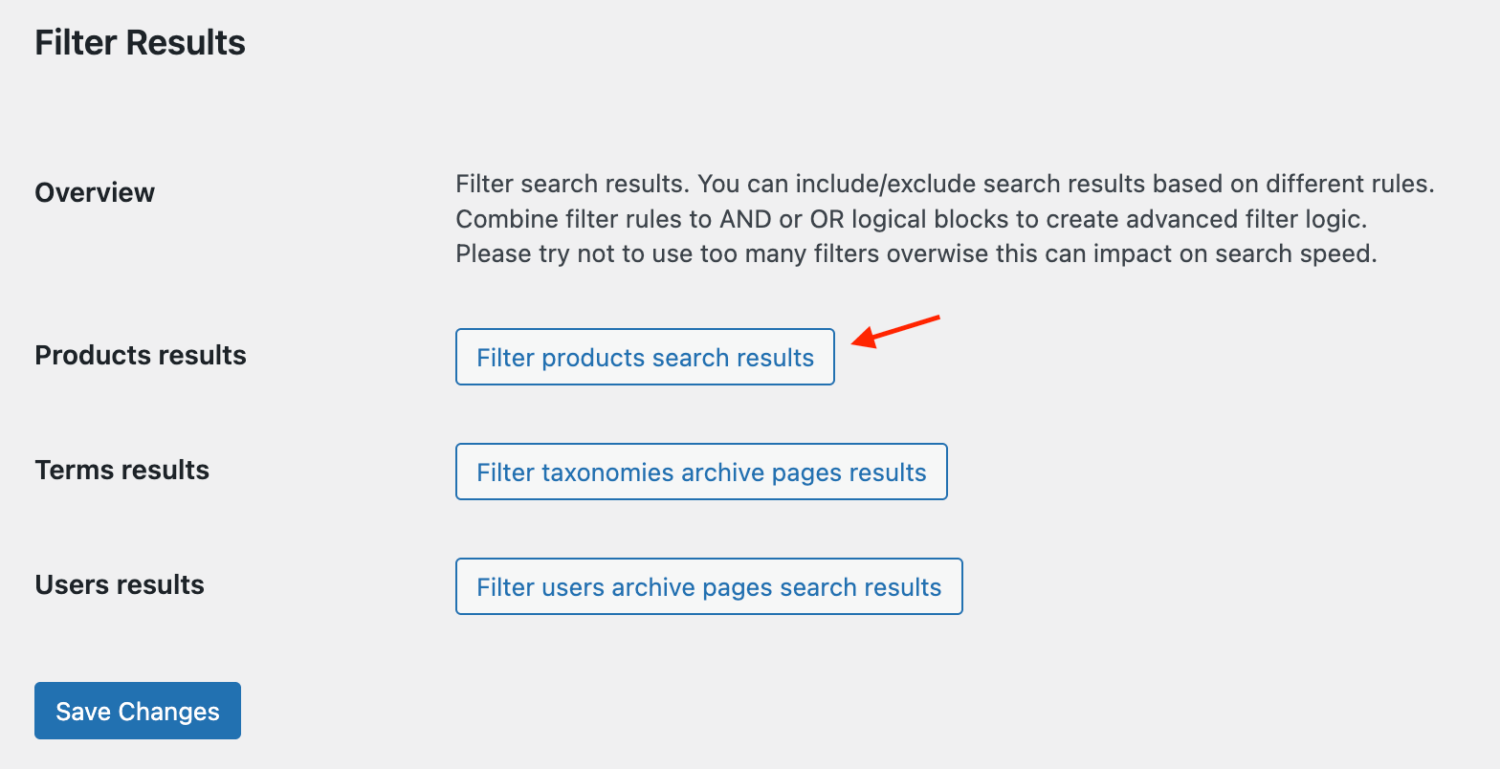 Filter for products search results