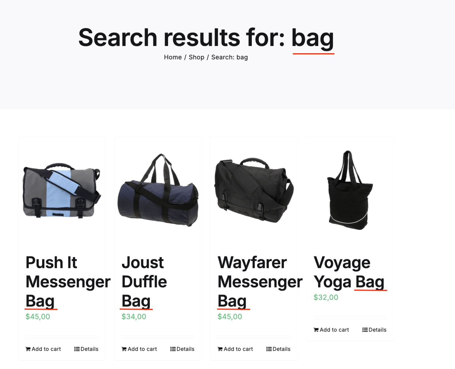 Default WooCommerce products search results