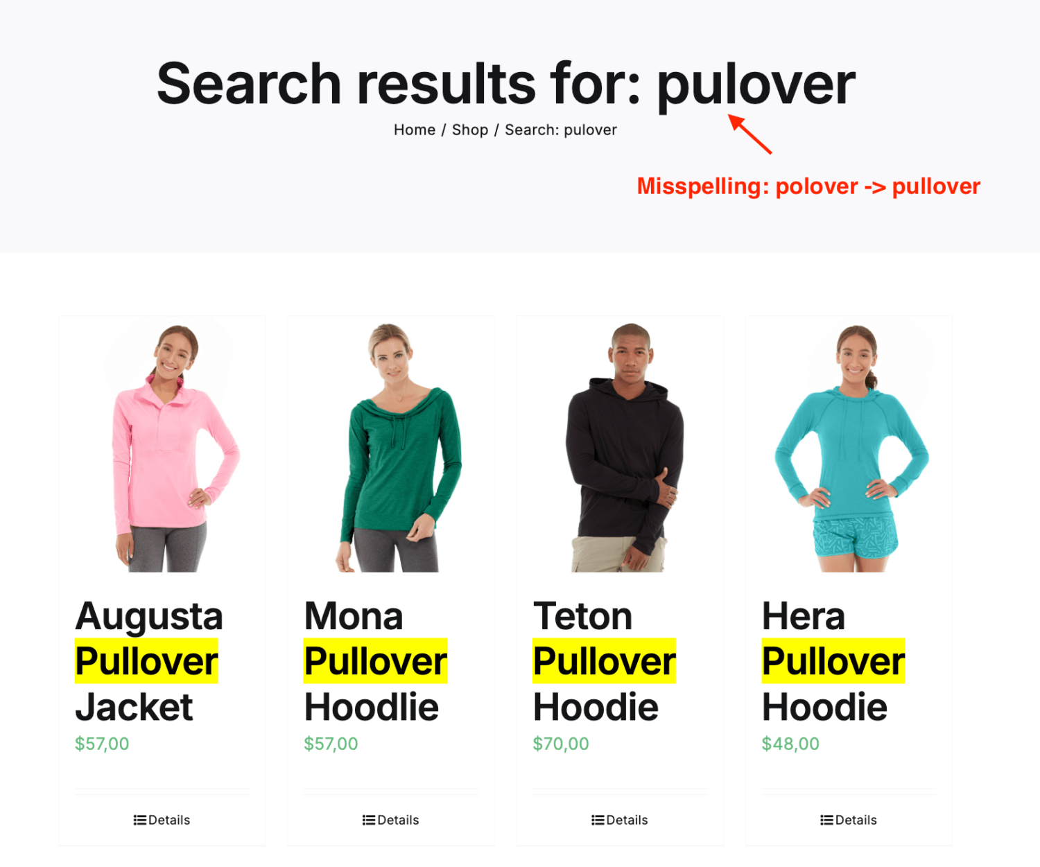 Search terms highlight with Advanced Woo Search plugin. Misspelled words