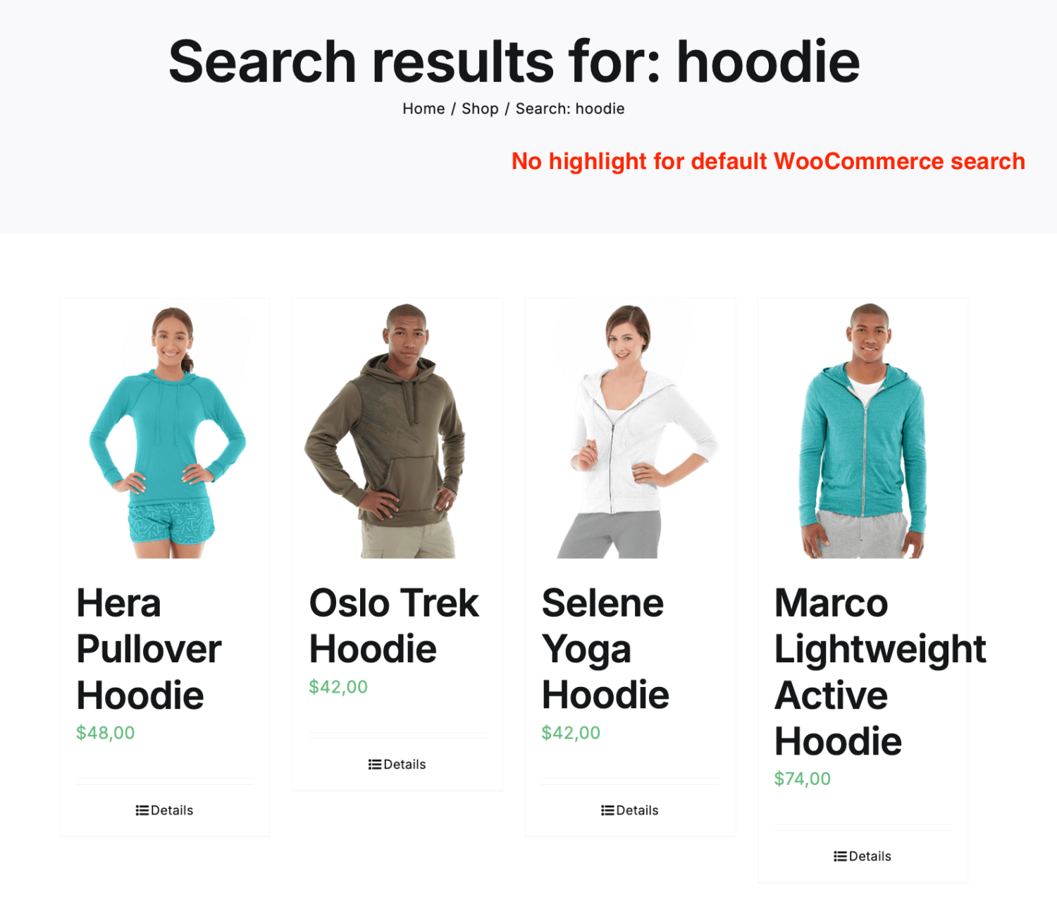 Default WooCommerce search page without search terms highlighting