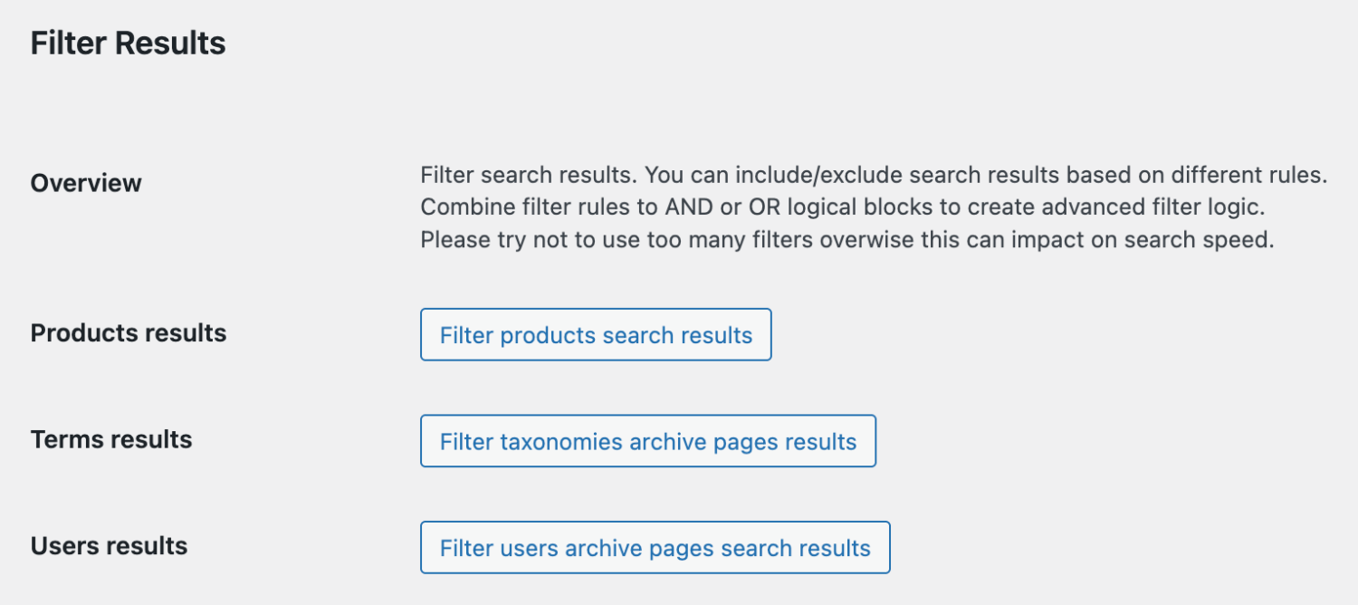 Search results filters options