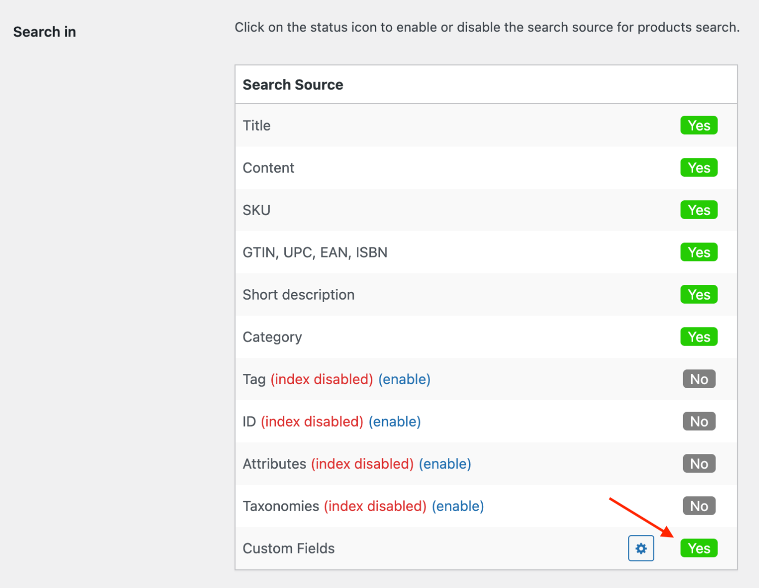 Field to enable products custom fields search