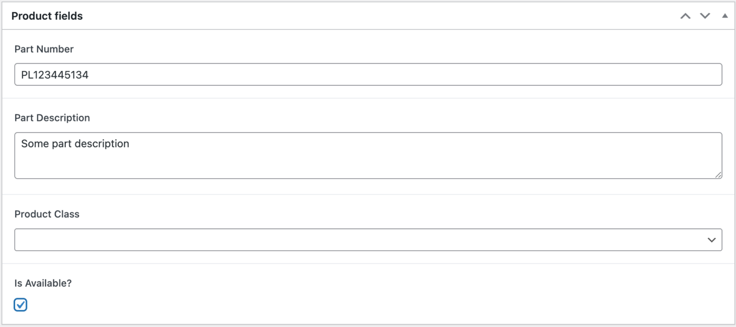 Example of ACF fields for WooCommerce products]