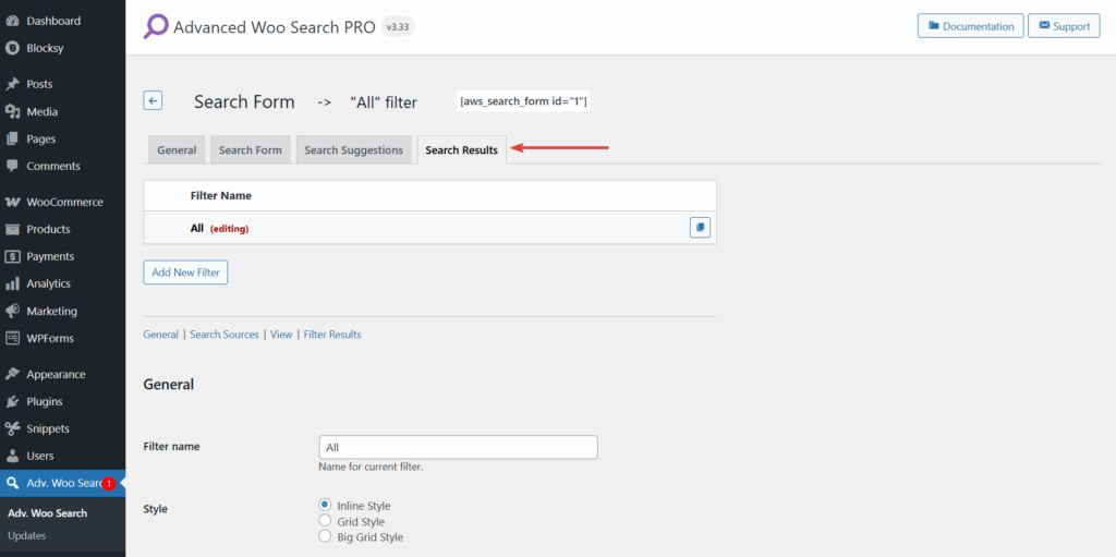 advanced woo search pro search result option