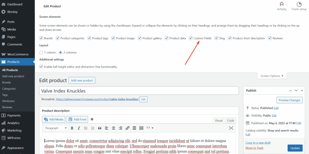 wordpress woocommerce default custom field option