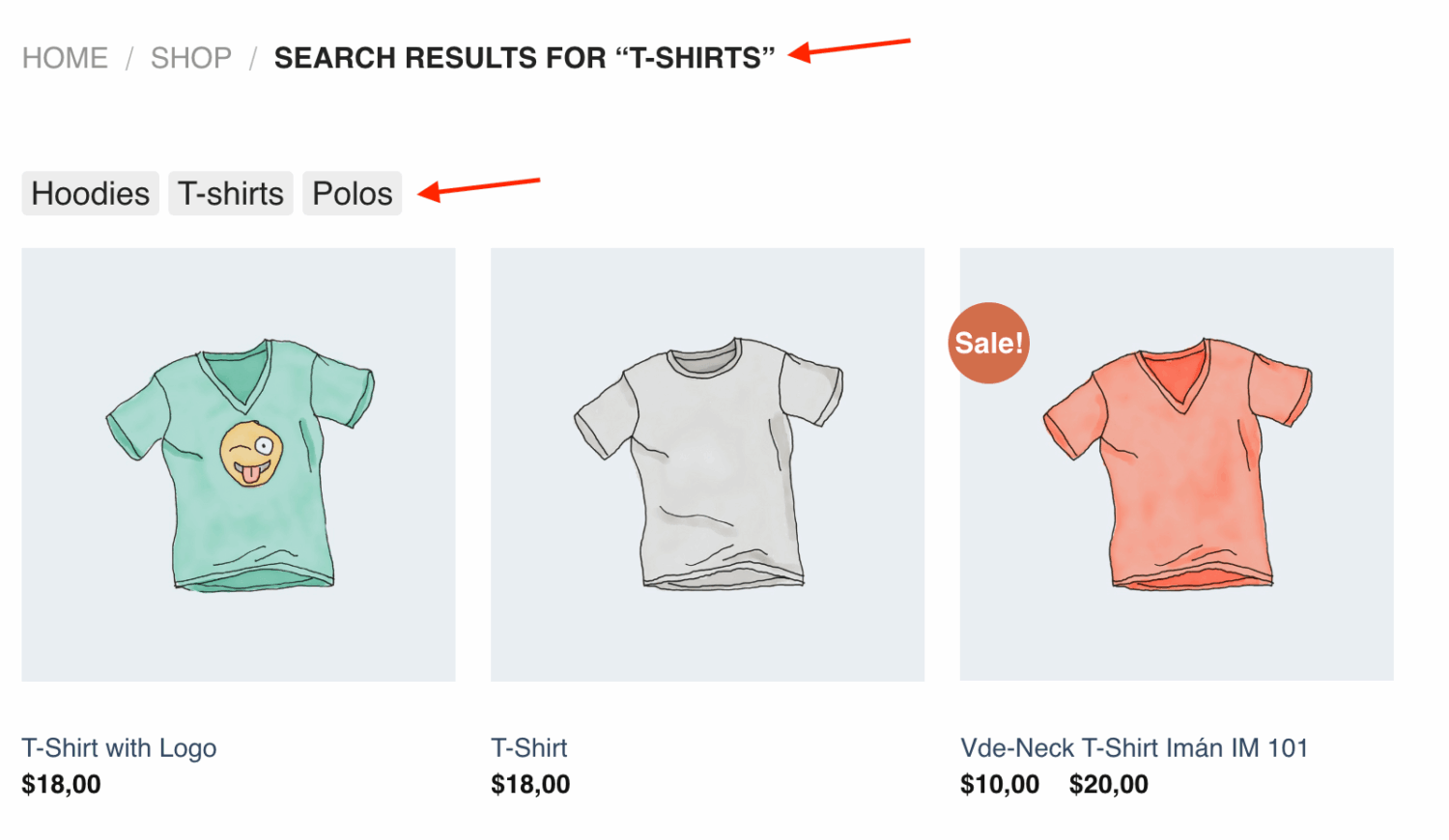  Example of quick search buttons on WooCommerce search results page