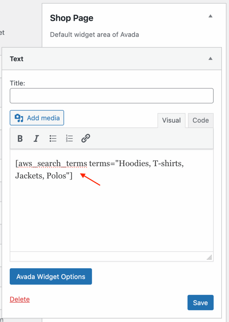 Widget to display quick search buttons