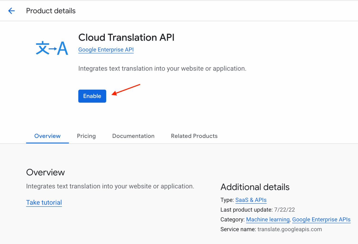 Enabling “Cloud Translation API” service