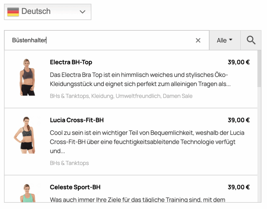 Live search results with translated products