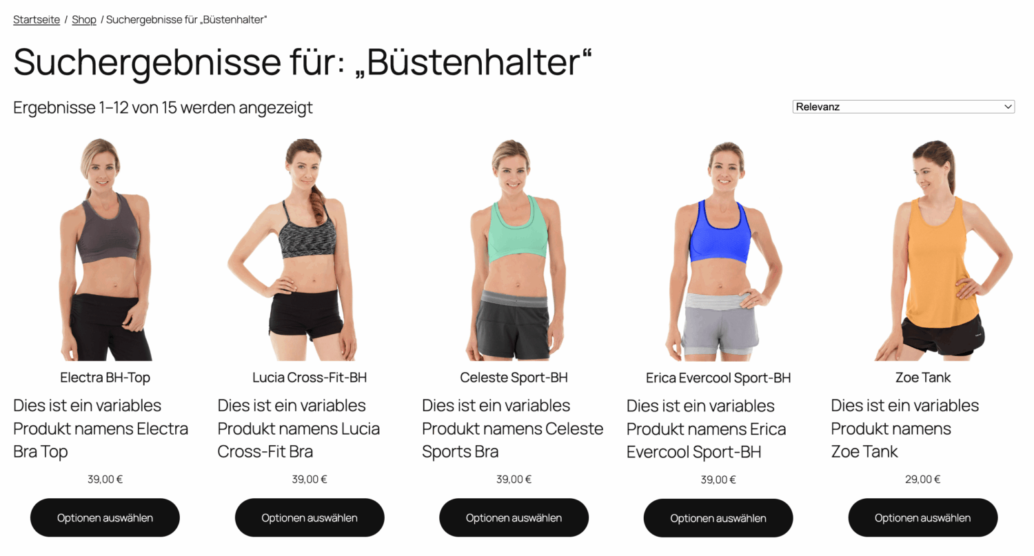 Search results page with translated products