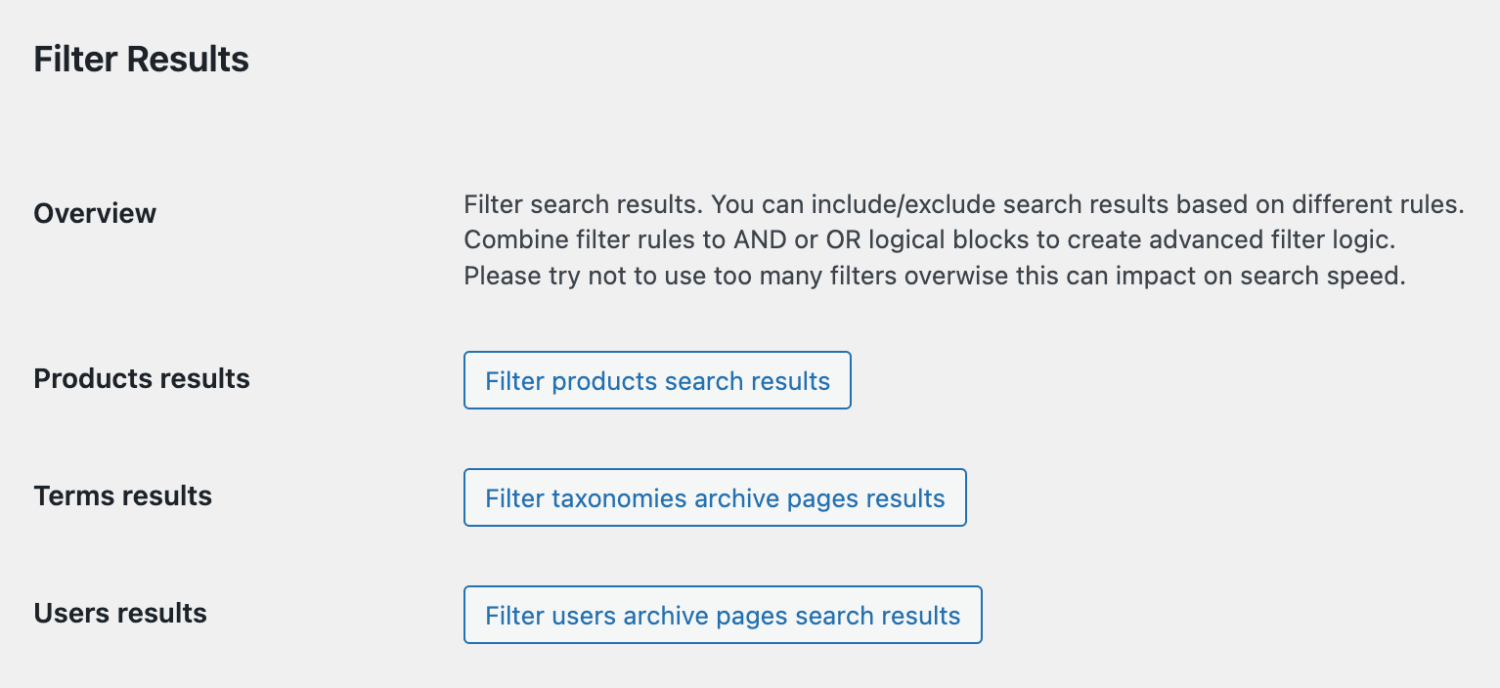 'Filter Results' section