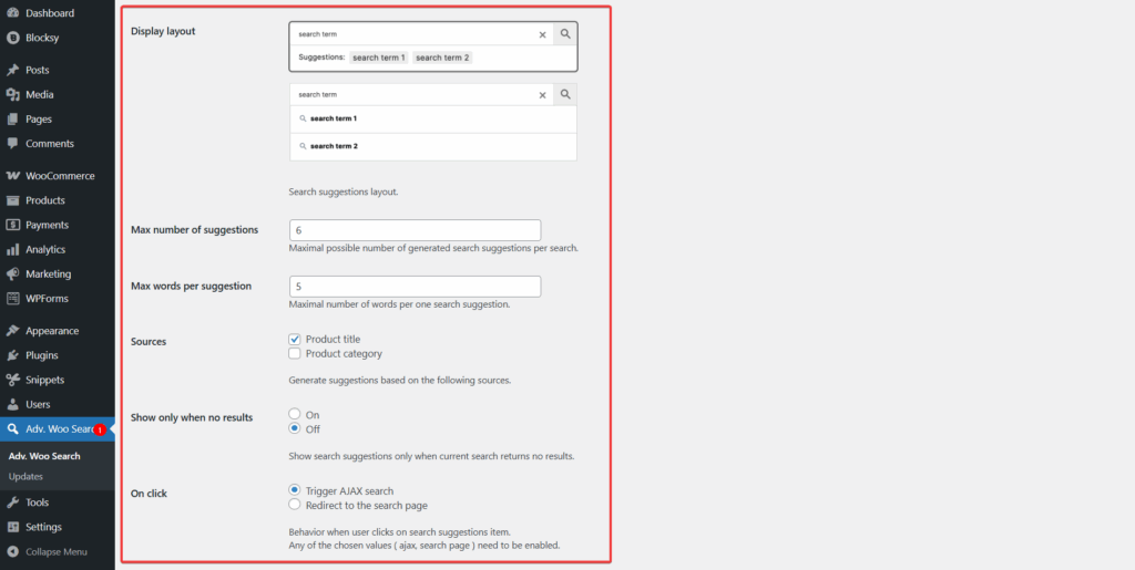 aws search suggestions display, sources, triggers - WooCommerce search suggestions