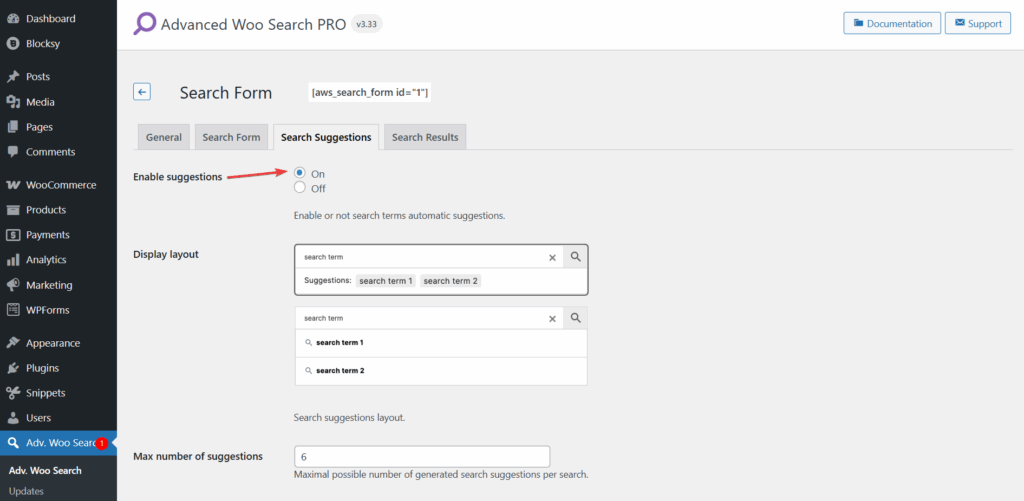enable search suggestions advanced woo search