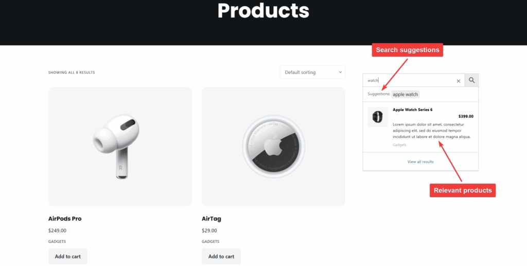 search suggestions on frontend advanced woo search